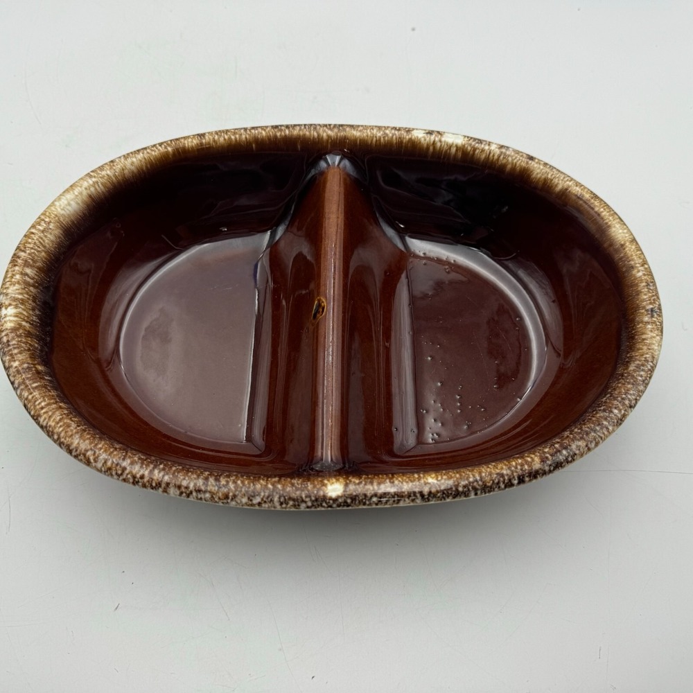 Hull Pottery HP Divided Dish Casserole Brown Drip Vintage USA Oven Proof Oval